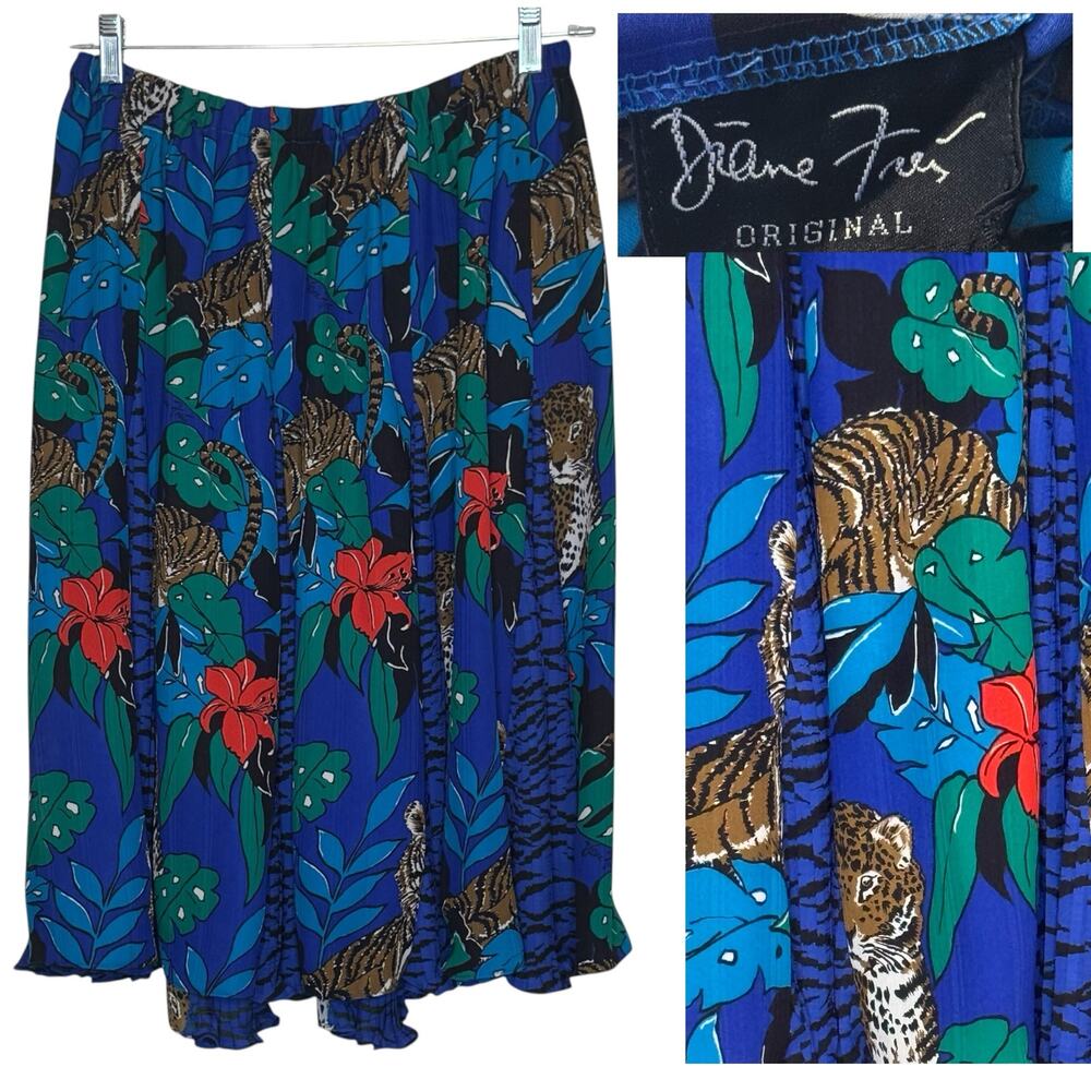 Diane Freis 80s Leopard Hibiscus Tropical Hawaiian Print Pleated Midi Skirt